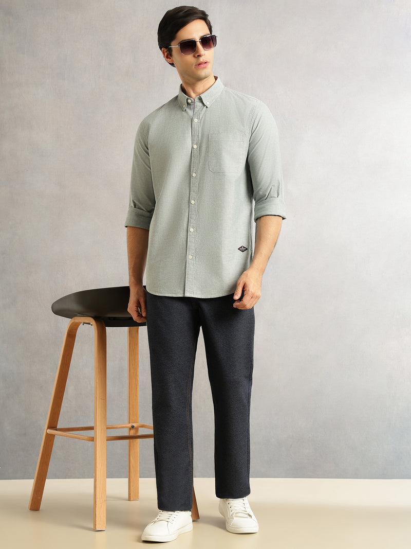 Thomas Scott Men Bottle Green Slim Fit Long Sleeves Button-Down Collar Solid 100% Cotton Oxford Casual Shirt