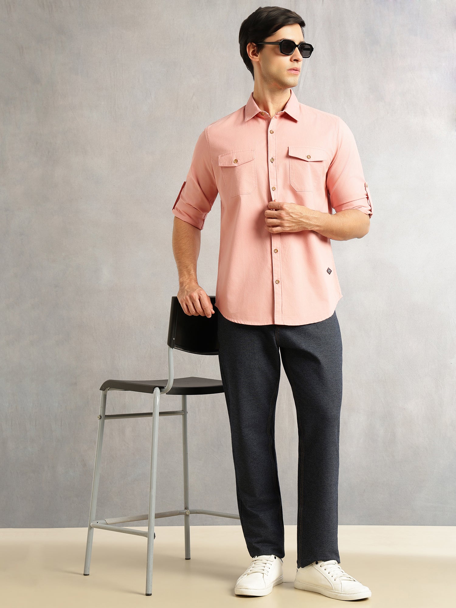 Thomas Scott Men Peach Regular Fit Long Roll-Up Sleeves Spread Collar Solid 100% Cotton Casual Shirt