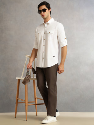 Thomas Scott Men White1 Regular Fit Long Roll-Up Sleeves Spread Collar Solid 100% Cotton Casual Shirt