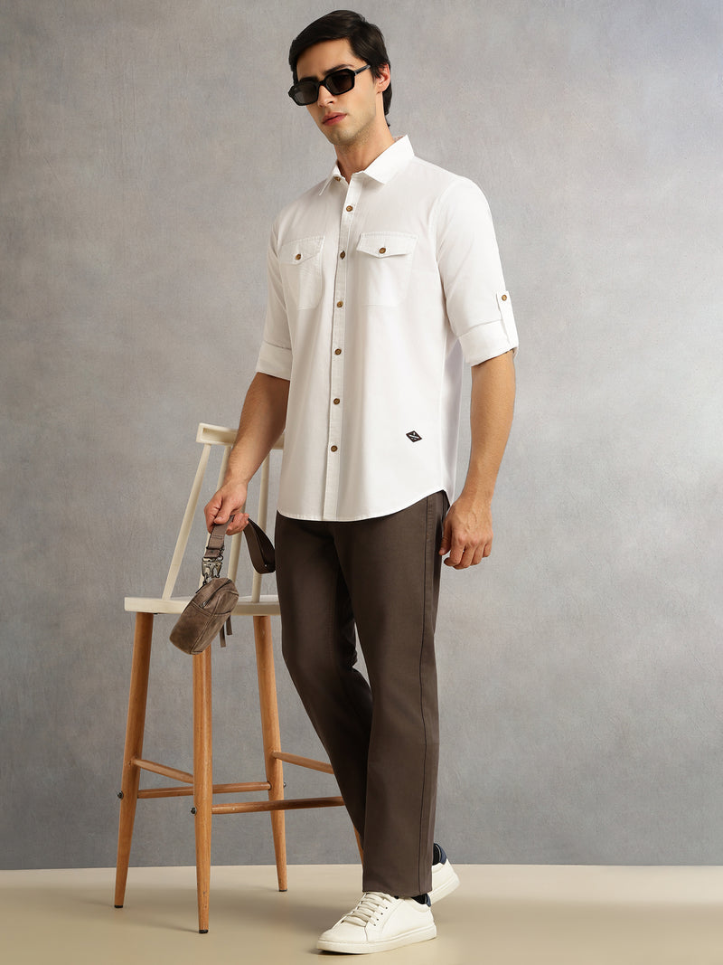 Thomas Scott Men White1 Regular Fit Long Roll-Up Sleeves Spread Collar Solid 100% Cotton Casual Shirt
