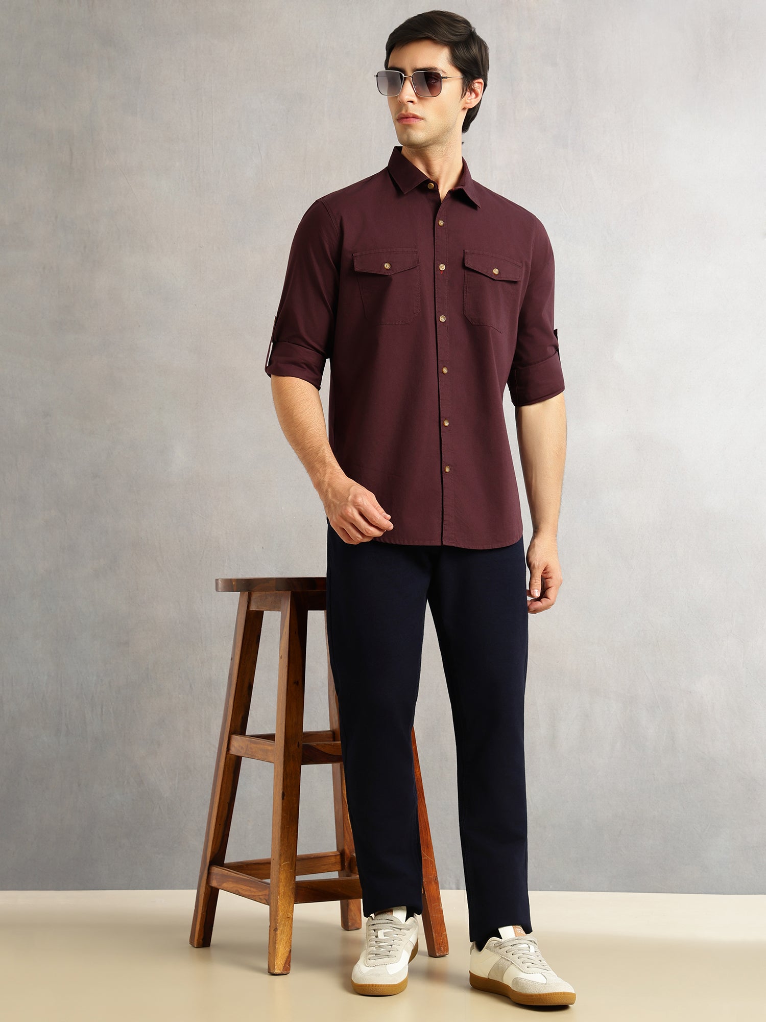 Thomas Scott Men Wine Slim Fit Long Sleeves Spread Collar Solid 100% Cotton Twill Casual Shirt