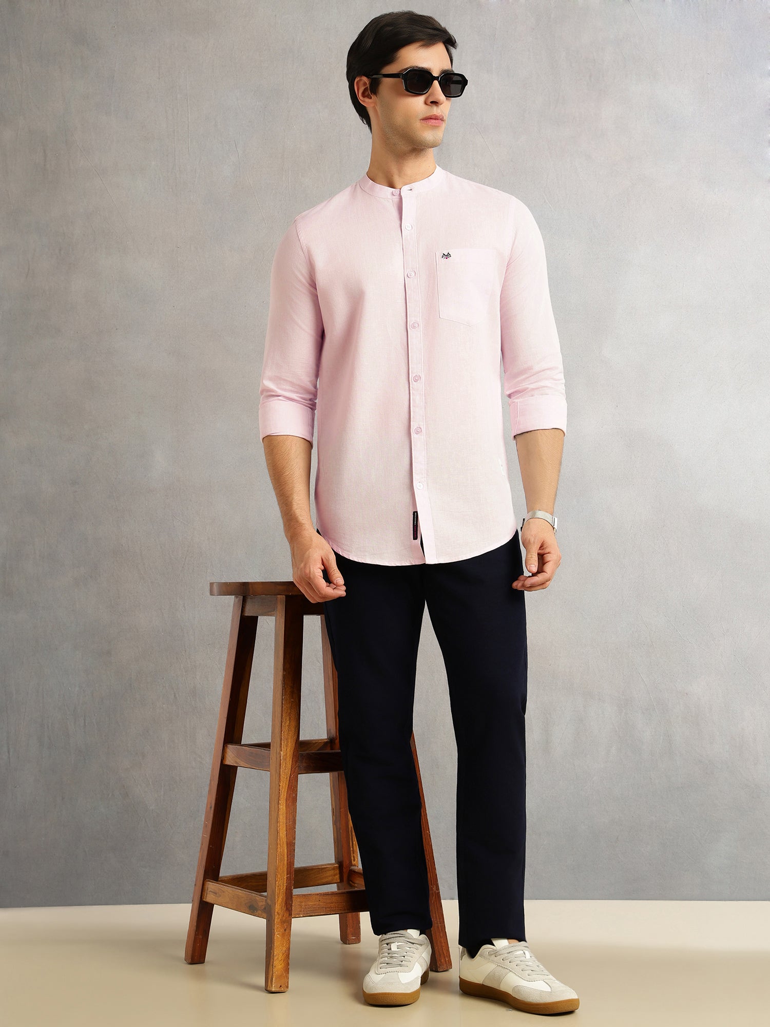 Thomas Scott Men Pink Premium Slim Fit Long Sleeves Mandarin Collar Solid Cotton Linen Casual Shirt