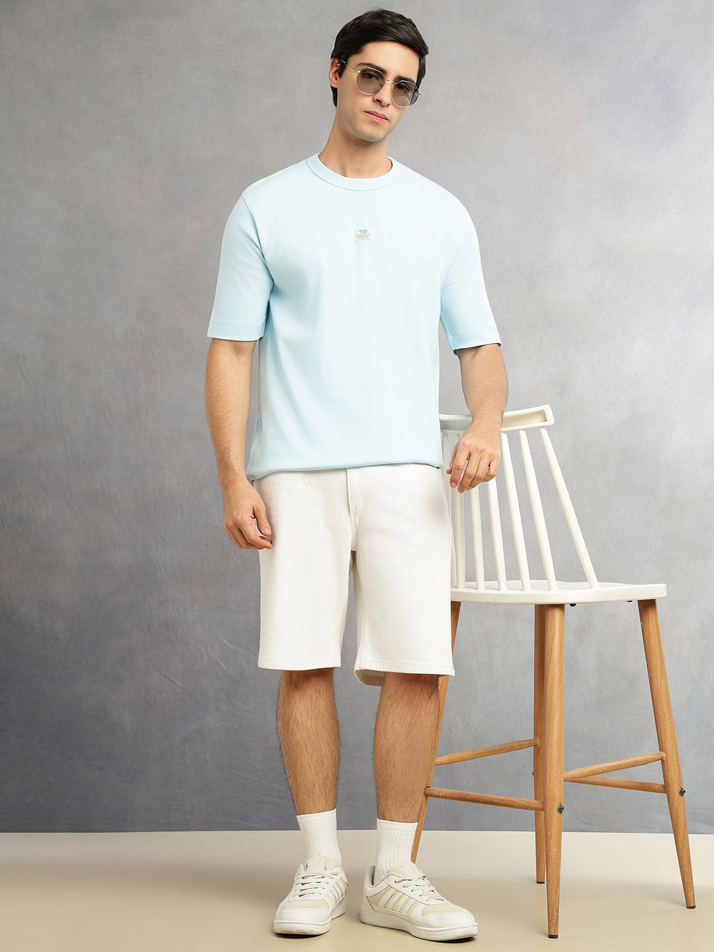 Thomas Scott Men Blue Cricket Club Collection Oversized Fit Round Neck Short Sleeves 100% Cotton Solid Knitted T-shirt