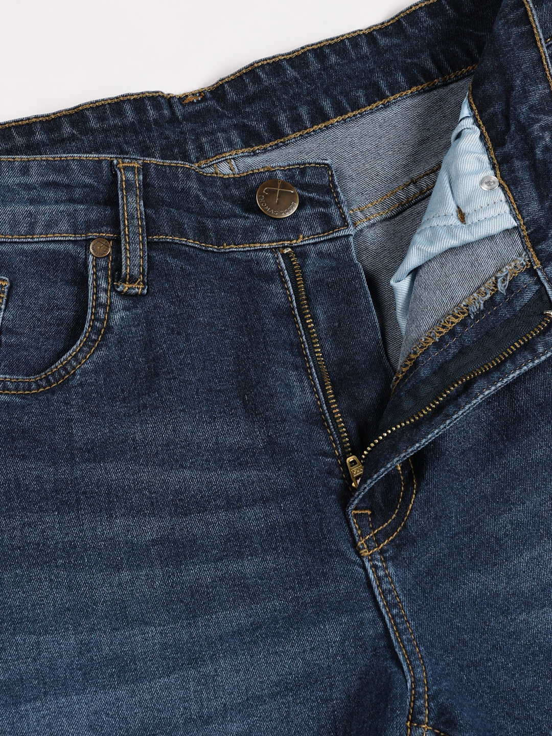 Thomas Scott Men Dark Blue Relaxed Fit Mid-Rise Clean Look Medium Shade Light Fade 5 Pocket Design Stretchable Jeans