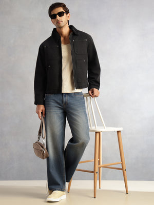 Dark Blue Baggy Fit Medium Shade Light Fade 5 Pocket Design Non Stretchable Jeans For Men