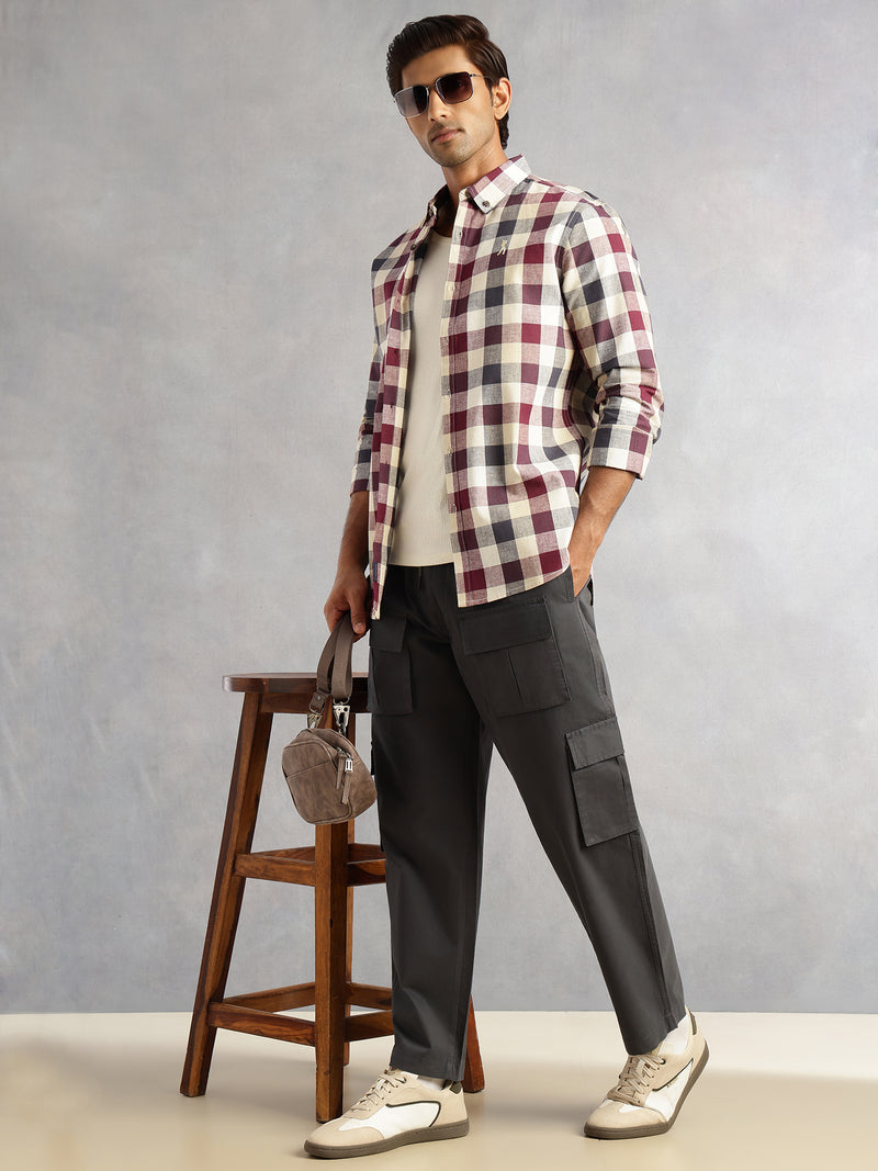 Thomas Scott Men Dark Grey Relaxed Loose Fit 100% Cotton Solid Drawstring Closure Woven Cargo Trouser