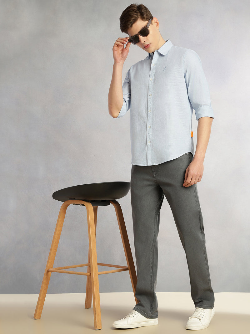Thomas Scott Men Blue Cricket Club Collection Slim Fit Long Sleeves Spread Collar Pinstripe Cotton Linen Casual Shirt