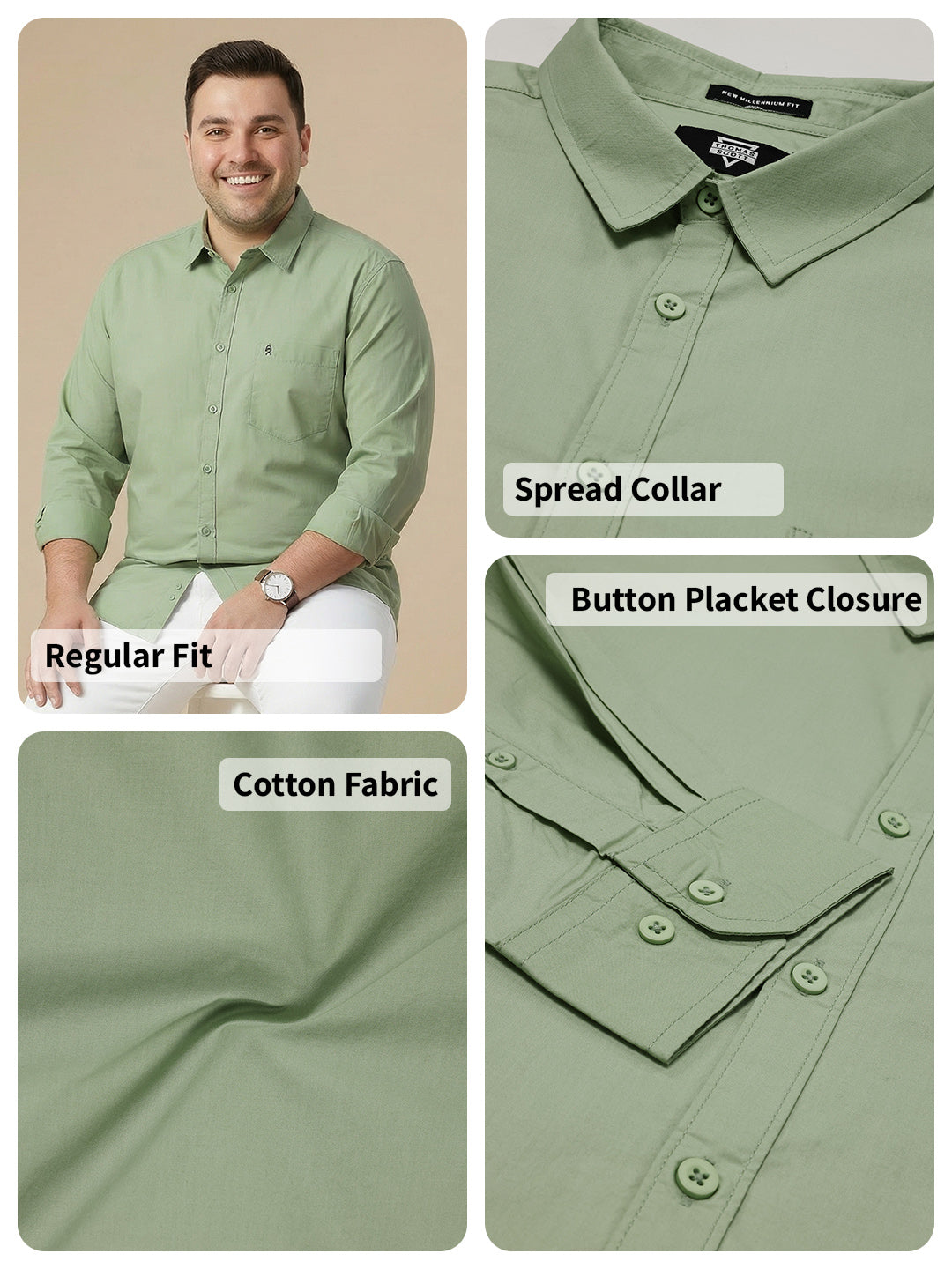 Thomas Scott Men Pista Cotton Casual Shirt Plus Size Regular Fit Spread Collar Long Sleeve