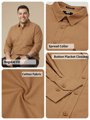 Light Brown Plus Size Regular Fit Spread Collar Long Sleeve Cotton Casual Shirt For Men