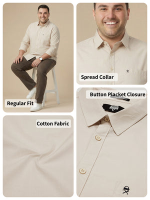 Beige Cotton Plus Size Regular Fit Spread Collar Long Sleeve Casual Shirt For Men