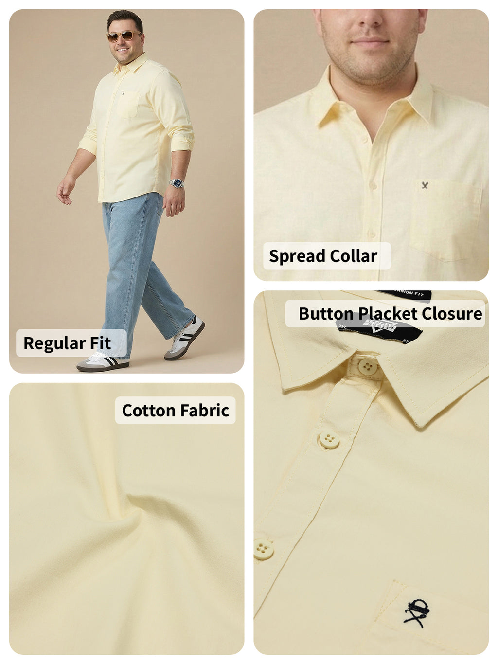 Thomas Scott Men Yellow Cotton Casual Shirt Plus Size Regular Fit Spread Collar Long Sleeve