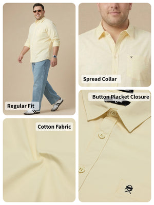 Yellow Plus Size Regular Fit Spread Collar Long Sleeve Cotton Casual Shirt For Men