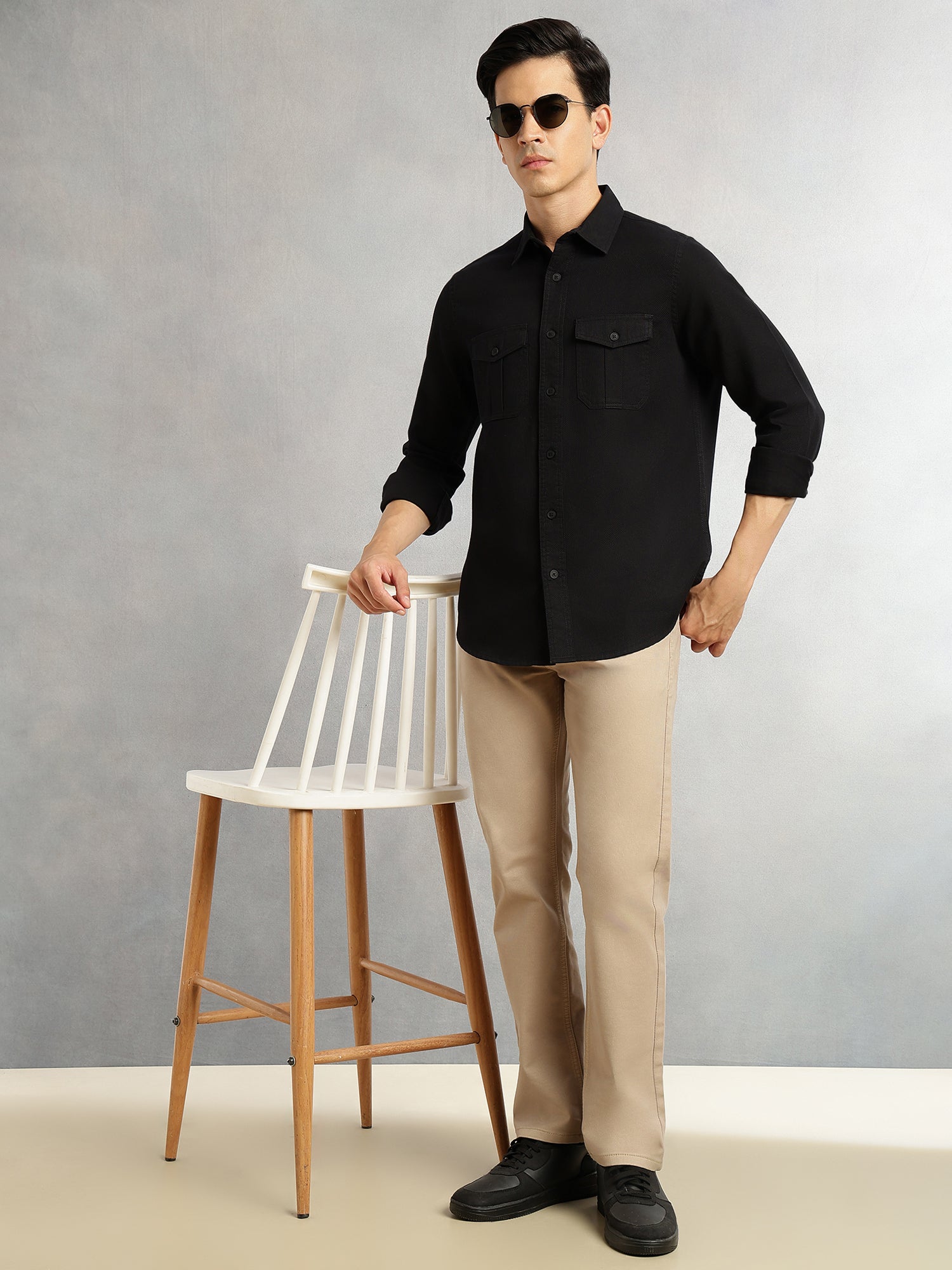 Thomas Scott Men Black Cricket Club Collection Men Slim Fit Cotton Casual Shirt-Dual Flap Pocket