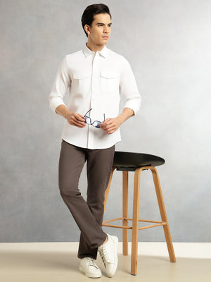 Thomas Scott Men White Cricket Club Collection Men Slim Fit Cotton Casual Shirt-Dual Flap Pocket