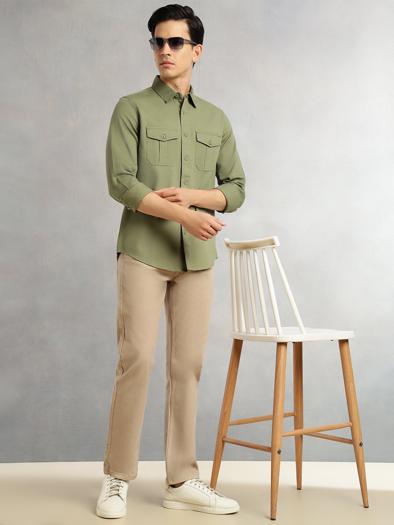 Thomas Scott Men Olive Cricket Club Collection Men Slim Fit Cotton Casual Shirt-Dual Flap Pocket