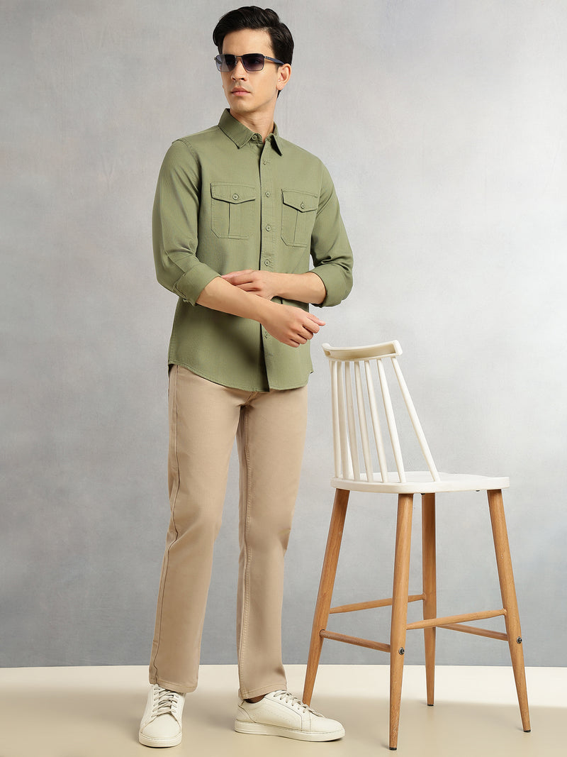 Thomas Scott Men Olive Cricket Club Collection Men Slim Fit Cotton Casual Shirt-Dual Flap Pocket