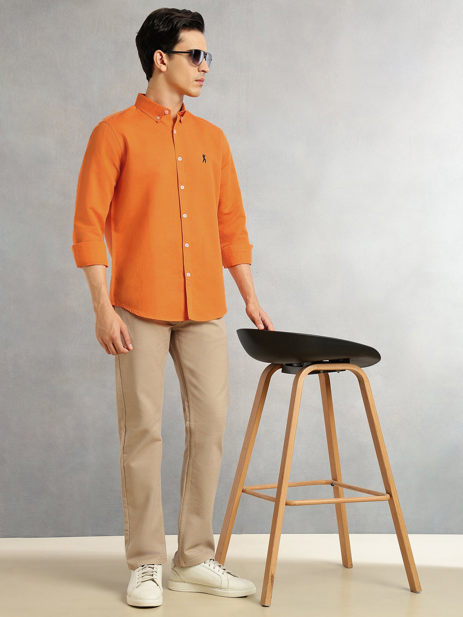 Thomas Scott Men Orange Premium Cricket Club Collection Slim Fit Button Down Collar Cotton Linen Casual Shirt