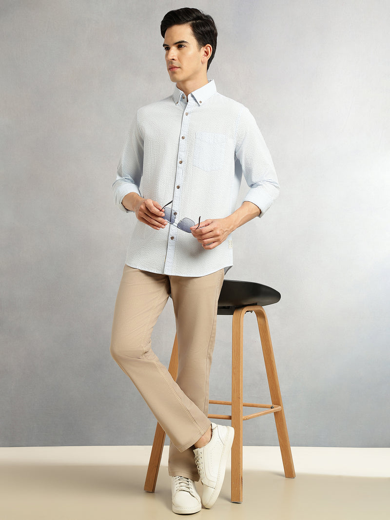 Thomas Scott Men Sky Blue Premium Slim Fit Long Regular Sleeves Button-Down Collar Pinstripes 100% Cotton Seersucker Casual Shirt