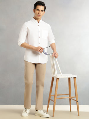 Thomas Scott Men White Premium Slim Fit Long Regular Sleeves Button-Down Collar Pinstripes 100% Cotton Seersucker Casual Shirt