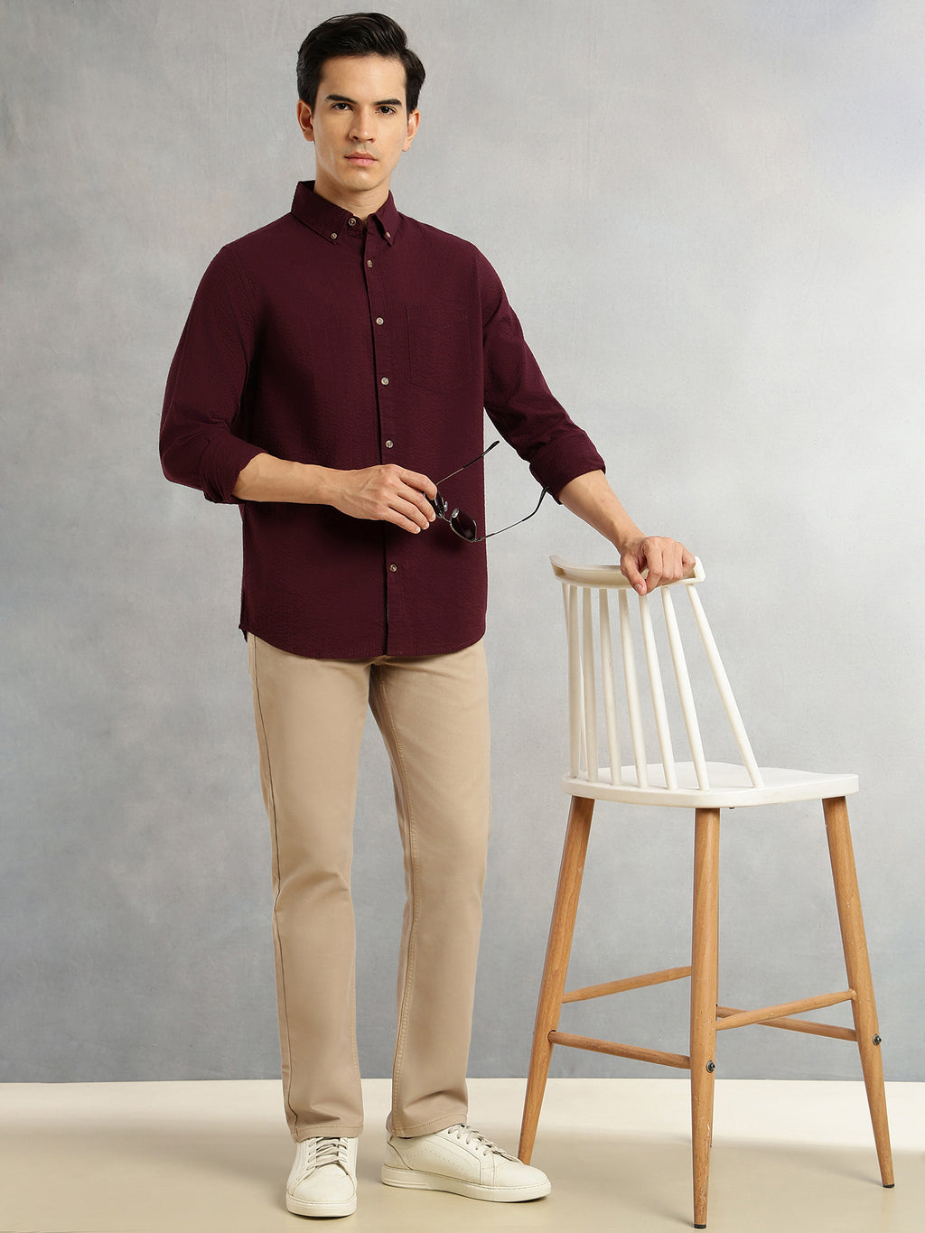 Thomas Scott Men Wine Premium Slim Fit Long Regular Sleeves Button-Down Collar Pinstripes 100% Cotton Seersucker Casual Shirt