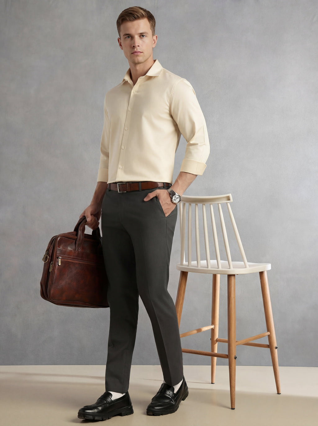 Thomas Scott Men Beige Regular Fit Long Sleeves Spread Collar Solid 100% Cotton Formal Shirt