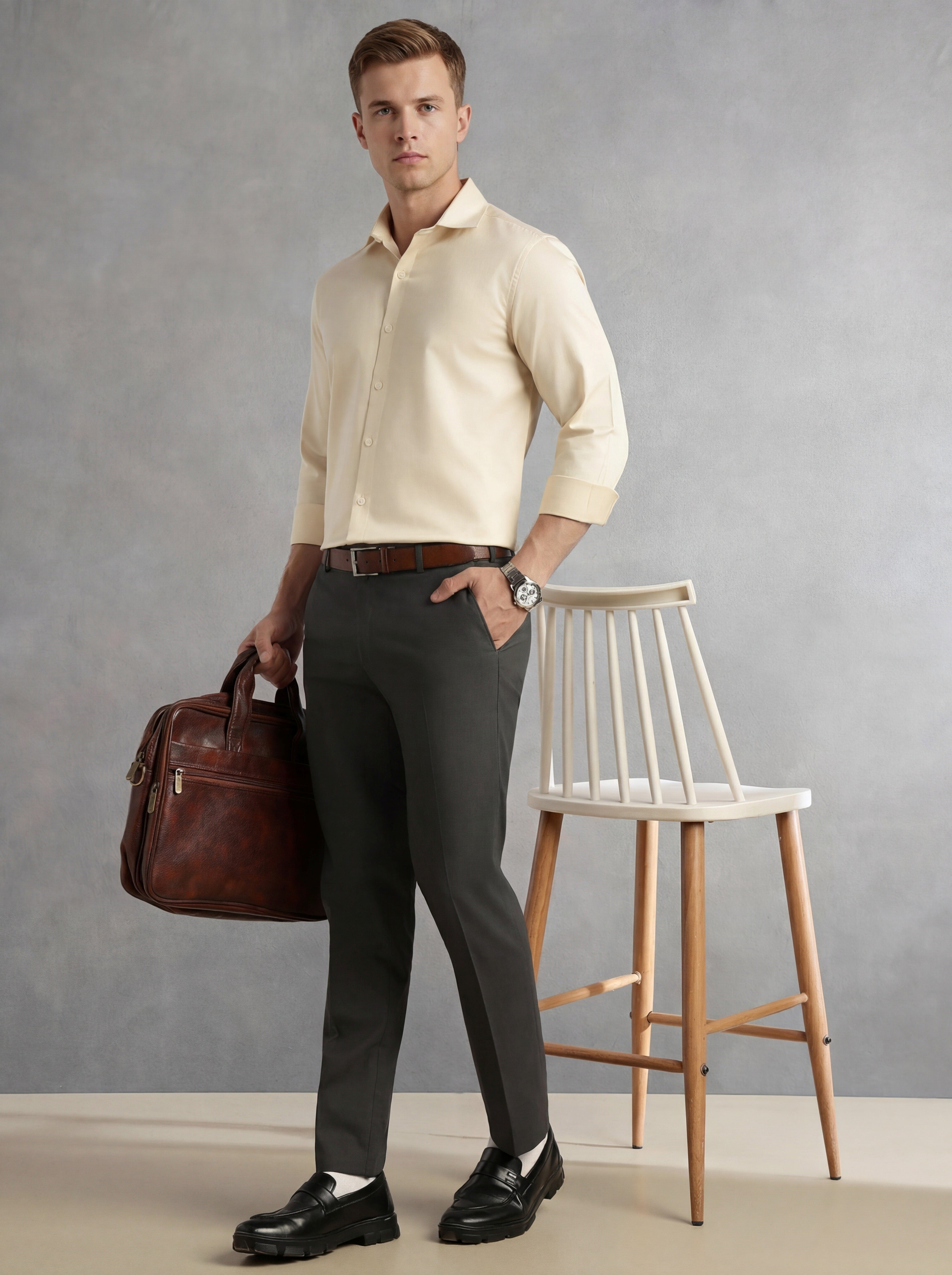 Thomas Scott Men Beige Regular Fit Long Sleeves Spread Collar Solid 100% Cotton Formal Shirt