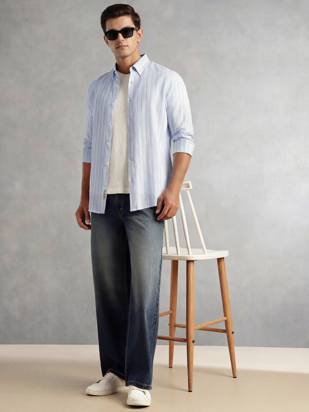 Thomas Scott Men Blue Slim Fit Long Sleeve Button-Down Collar Vertical Striped Linen Casual Shirt