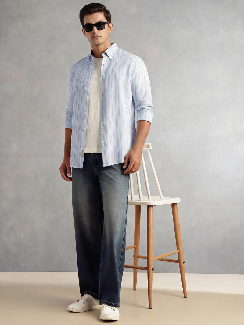 Thomas Scott Men Blue Slim Fit Long Sleeve Button-Down Collar Vertical Striped Linen Casual Shirt