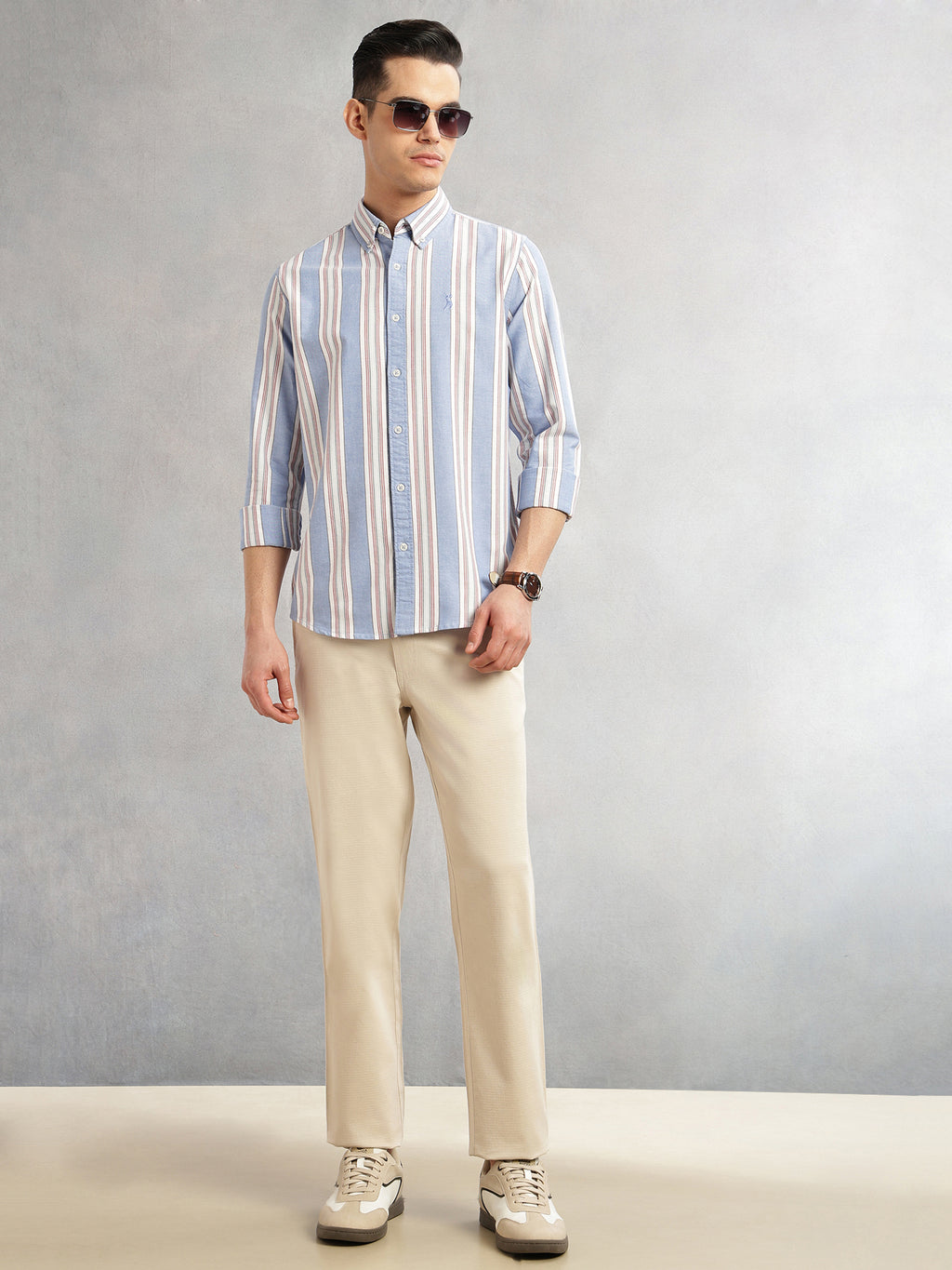 Thomas Scott Men Blue Cricket Club Collection Slim Fit Long Sleeves Button-Down Collar Multi Stripes 100% Cotton Casual Shirt