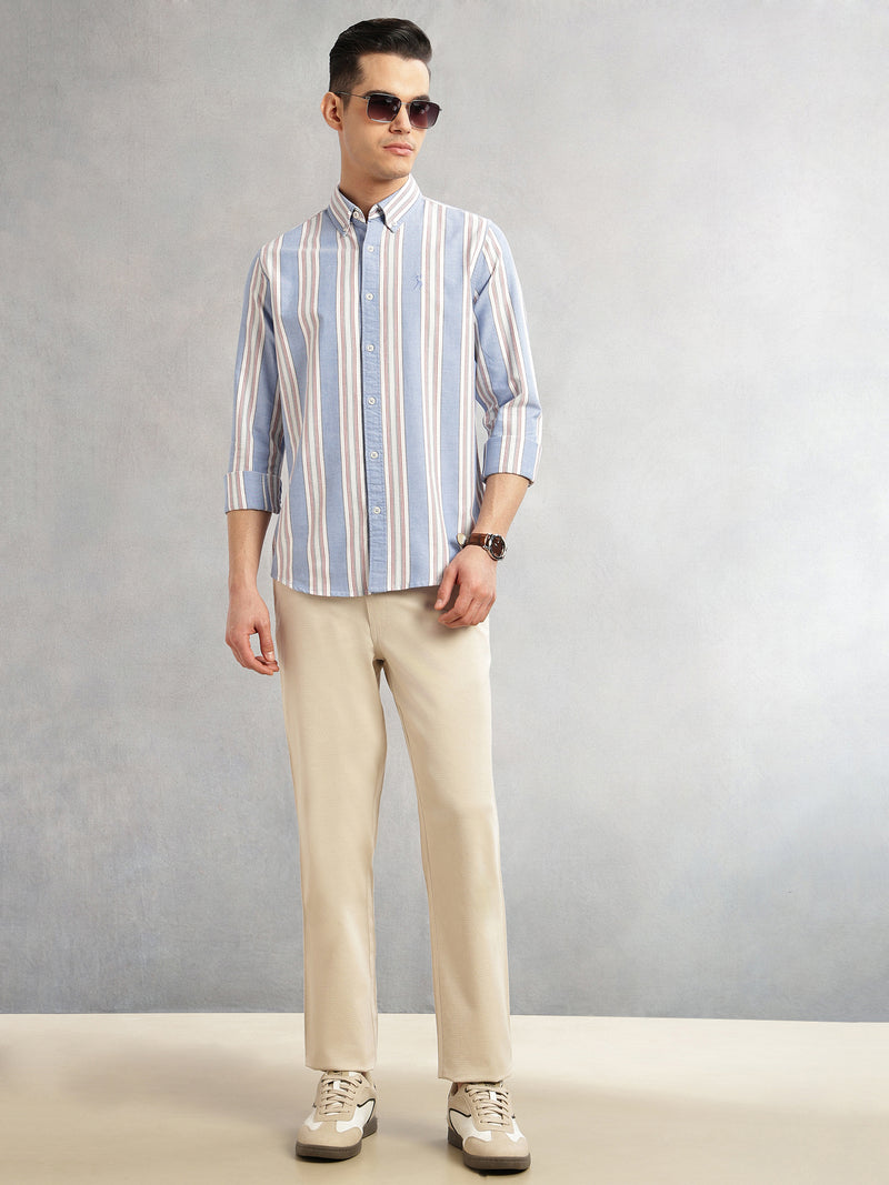 Thomas Scott Men Blue Cricket Club Collection Slim Fit Long Sleeves Button-Down Collar Multi Stripes 100% Cotton Casual Shirt