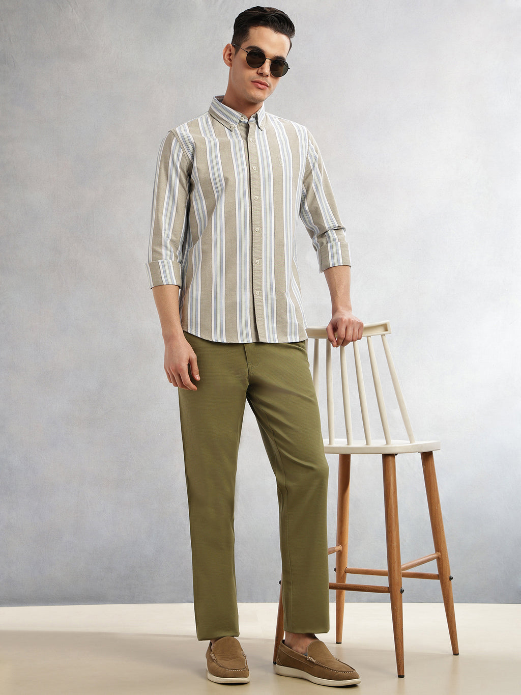 Thomas Scott Men Green Cricket Club Collection Slim Fit Long Sleeves Button-Down Collar Multi Stripes 100% Cotton Casual Shirt