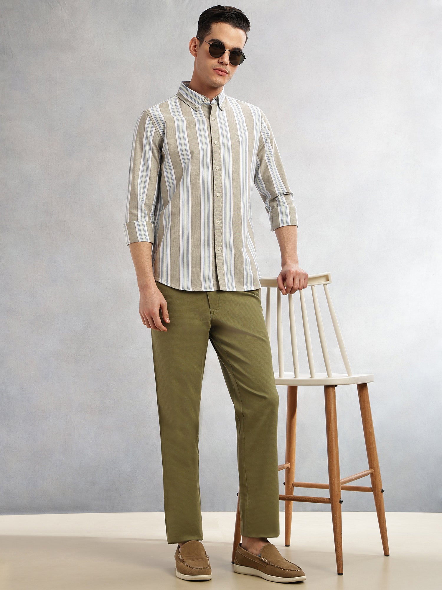 Thomas Scott Men Green Cricket Club Collection Slim Fit Long Sleeves Button-Down Collar Multi Stripes 100% Cotton Casual Shirt