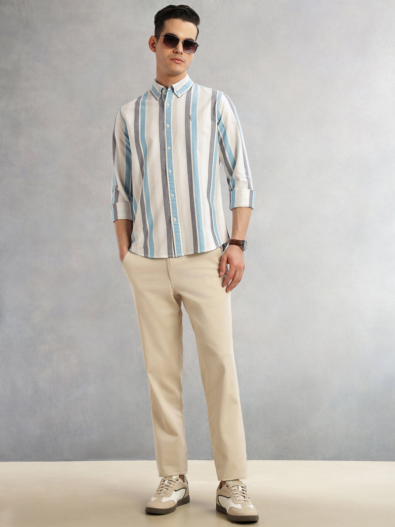 Thomas Scott Men Blue Cricket Club Collection Slim Fit Long Sleeves Button Down Collar Multi Stripes Oxford Casual Shirt
