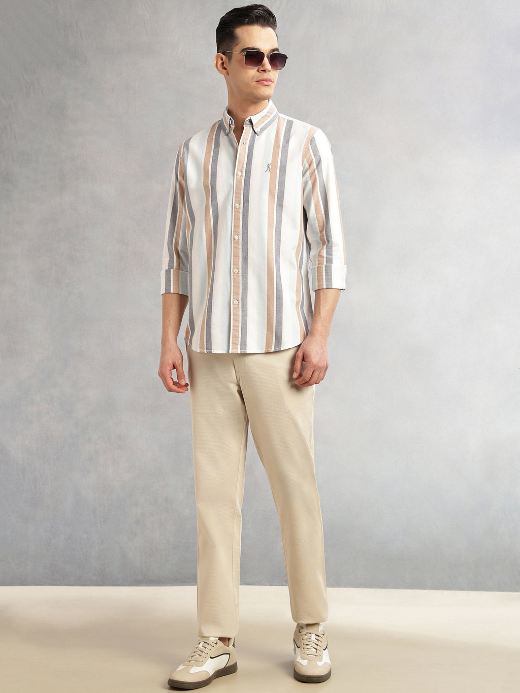 Thomas Scott Men White Cricket Club Collection Slim Fit Long Sleeves Button Down Collar Multi Stripes Oxford Casual Shirt
