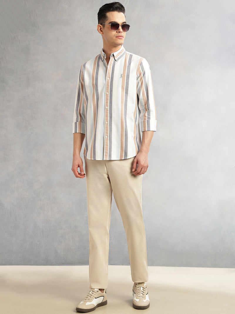 Thomas Scott Men White Cricket Club Collection Slim Fit Long Sleeves Button Down Collar Multi Stripes Oxford Casual Shirt