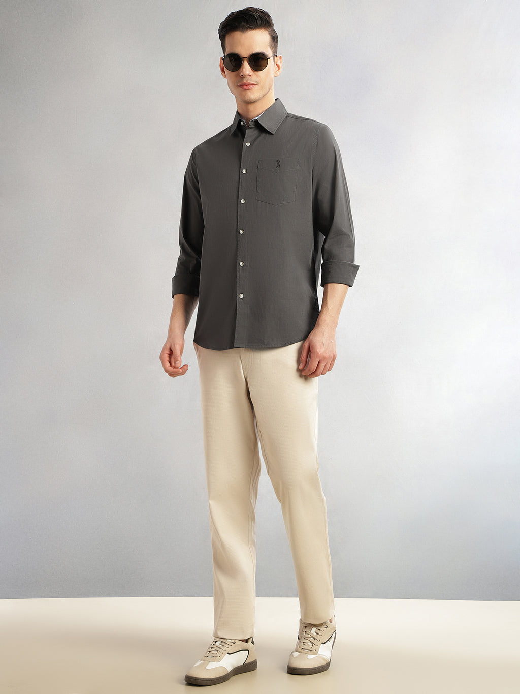 Thomas Scott Men Grey Cricket Club Collection Slim Fit Long Sleeves Spread Collar Solid Cotton Casual Shirt