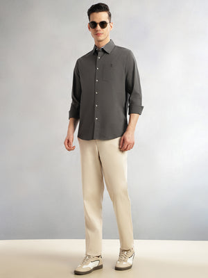 Thomas Scott Men Grey Cricket Club Collection Slim Fit Long Sleeves Spread Collar Solid Cotton Casual Shirt