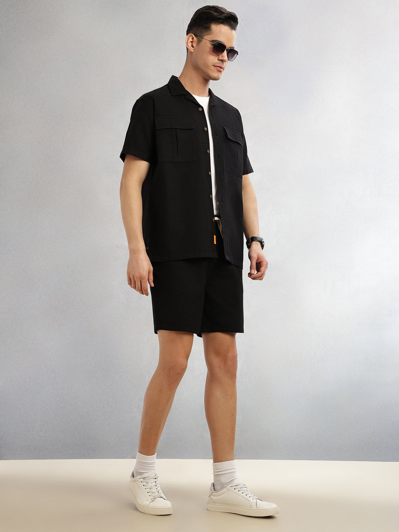 Thomas Scott Men Black Cricket Club Collection Straight Fit Textured Waffle Cotton Shorts