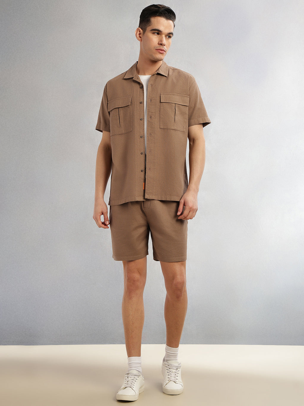 Thomas Scott Men Brown Cricket Club Collection Straight Fit Textured Waffle Cotton Shorts