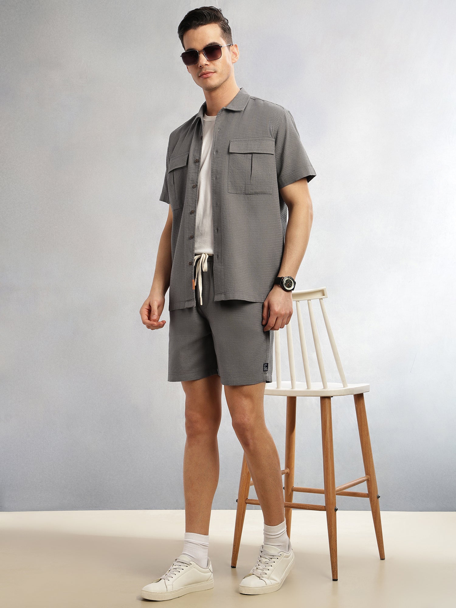 Thomas Scott Men Grey Cricket Club Collection Straight Fit Textured Waffle Cotton Shorts