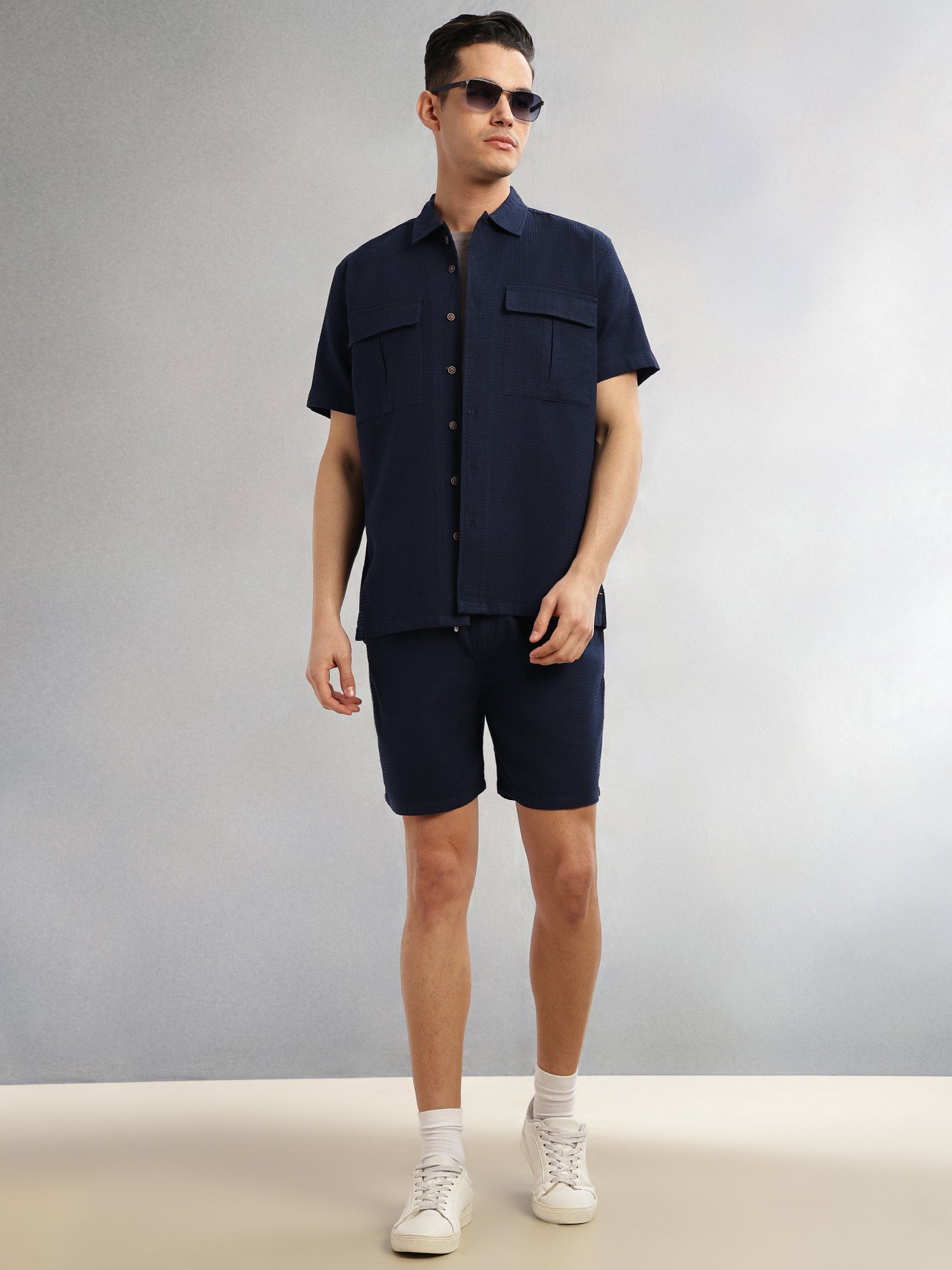 Thomas Scott Men Navy Cricket Club Collection Straight Fit Textured Waffle Cotton Shorts