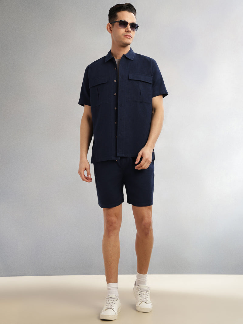 Thomas Scott Men Navy Cricket Club Collection Straight Fit Textured Waffle Cotton Shorts