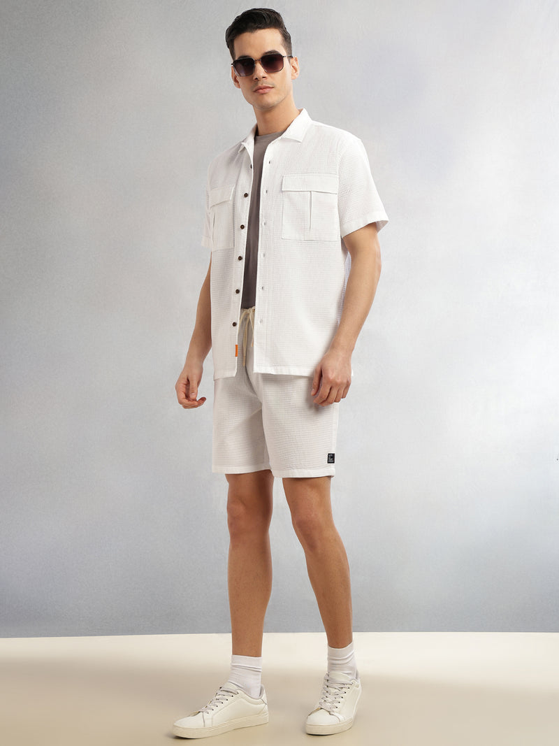 Thomas Scott Men White Cricket Club Collection Straight Fit Textured Waffle Cotton Shorts