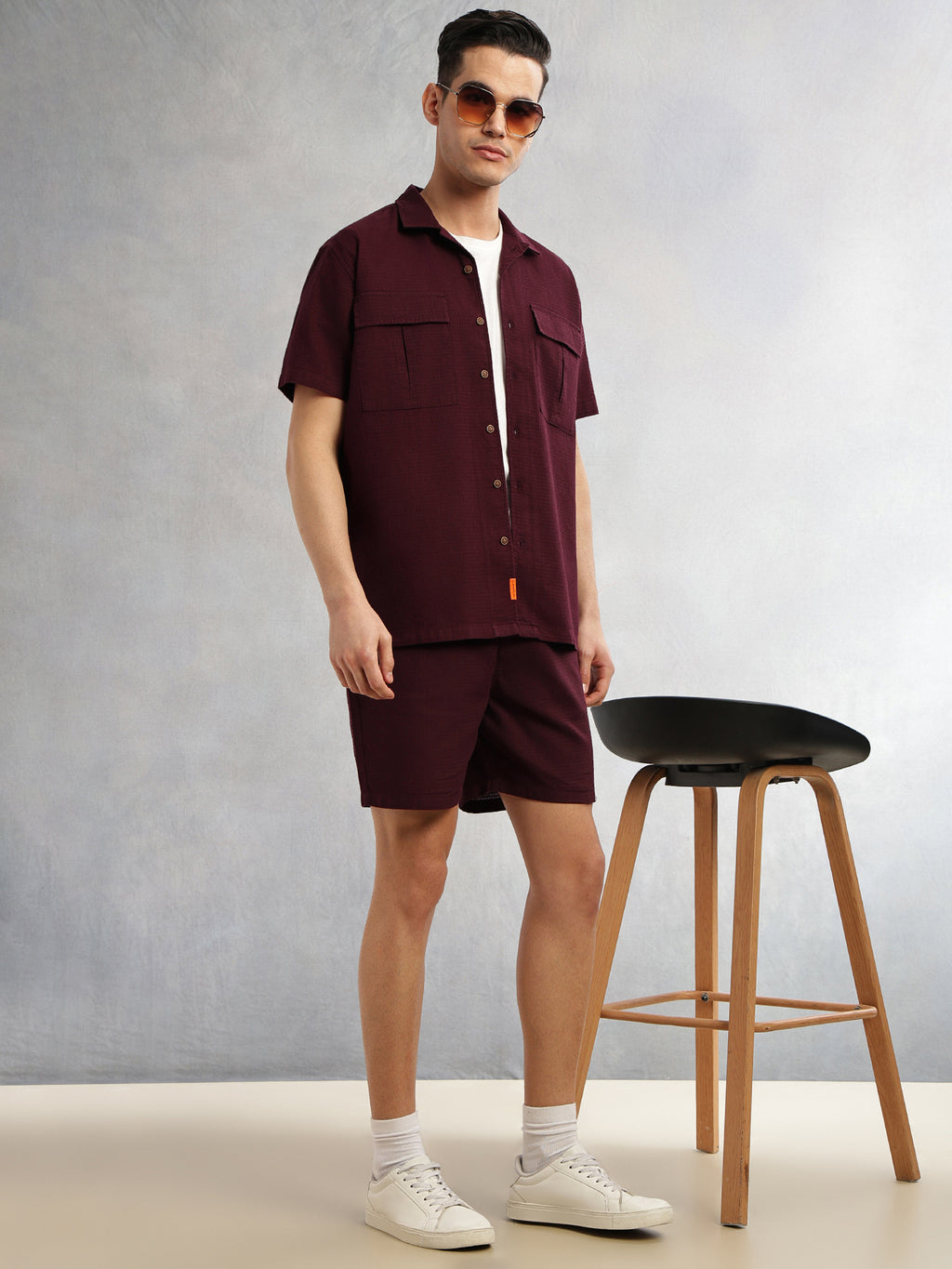 Thomas Scott Men Wine Cricket Club Collection Straight Fit Textured Waffle Cotton Shorts