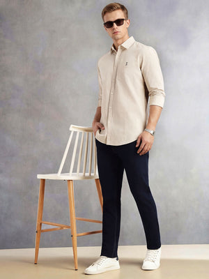 Beige Cricket Club Collection Slim Fit Long Sleeves Spread Collar Solid Cotton Linen Shirt For Men