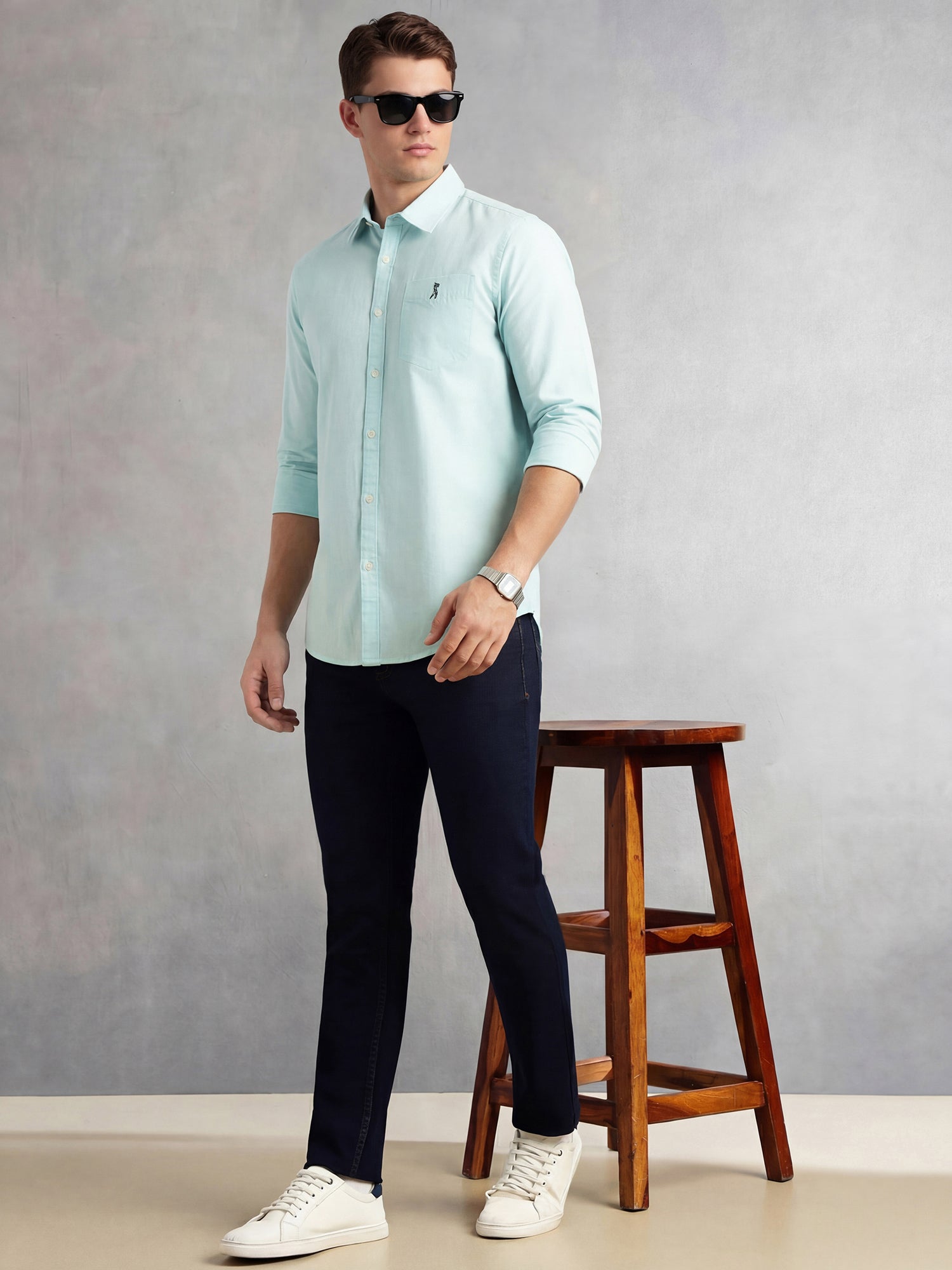 Thomas Scott Men Mint Cricket Club Collection Slim Fit Long Sleeves Spread Collar Solid Cotton Linen Shirt