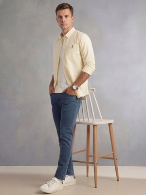 Yellow Cricket Club Collection Slim Fit Long Sleeves Spread Collar Solid Cotton Linen Shirt For Men