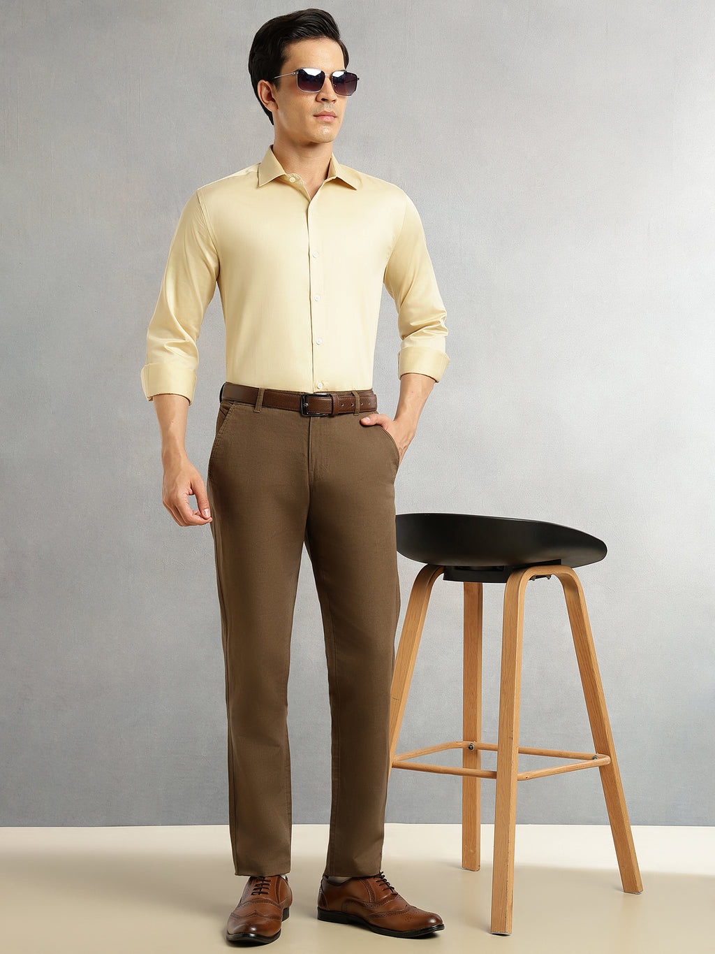 Thomas Scott Men Fawn Regular Fit Long Sleeves Spread Collar Solid 100% Cotton Formal Shirt