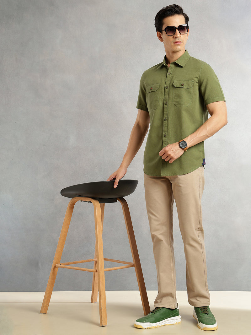 Thomas Scott Men Olive Premium Short Sleeves Slim Fit Spread Collar 2 Flap Pockets Solid Cotton Linen Casual Shirt