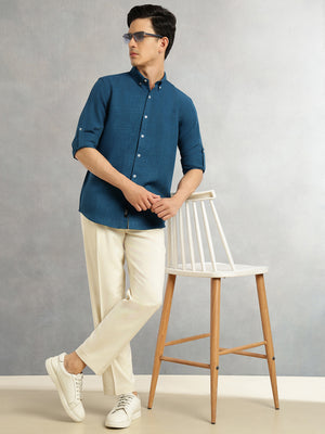 Thomas Scott Men Peacock Slim Fit Long Sleeves Button-Down Collar Polyester Casual Shirt